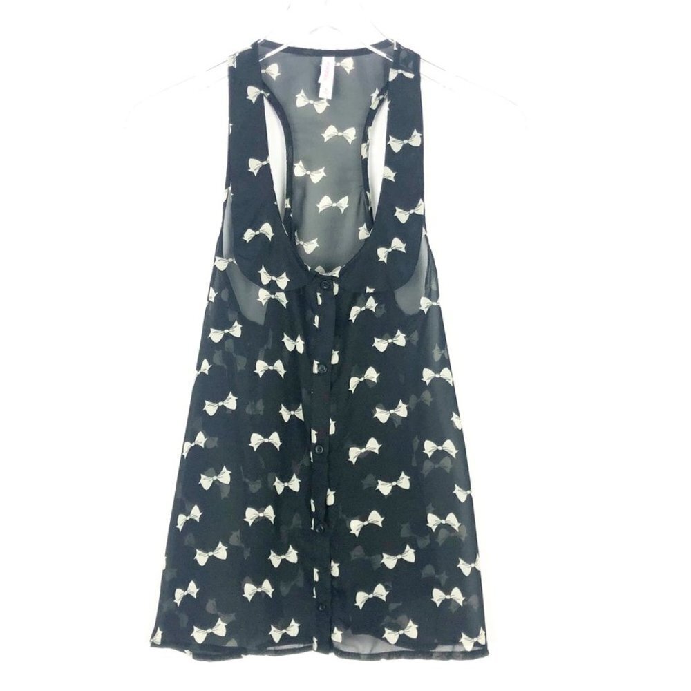 Xhilaration Tank Women's M Sheer Racerback Whimsical Bow Print Peter Pan Collar